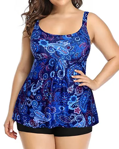 Scoop Neck Plus Size Tankini Swimsuits For Women Tummy Control-Blue Tribal