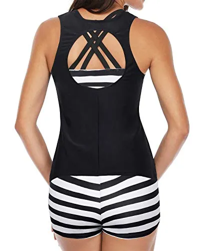 Scoop Neck Tankini Swimwear Boy Shorts 3 Piece Sets For Women-Black