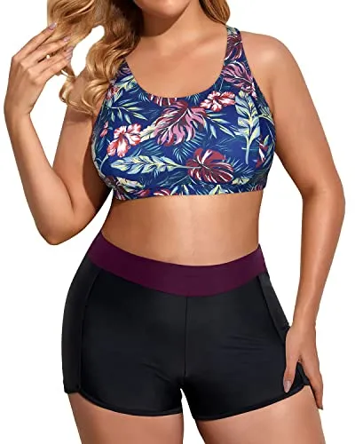 Scoop Neck Tankini Top Plus Size Sport Bra With Boy Shorts-Maroon Leaf