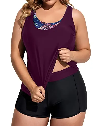 Scoop Neck Tankini Top Plus Size Sport Bra With Boy Shorts-Maroon Leaf