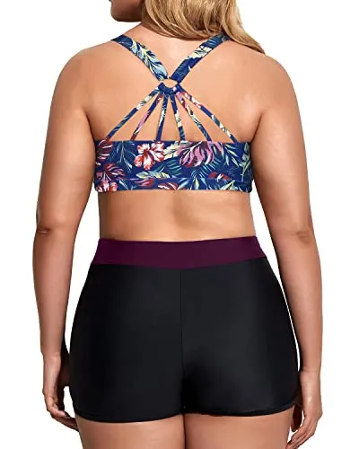 Scoop Neck Tankini Top Plus Size Sport Bra With Boy Shorts-Maroon Leaf