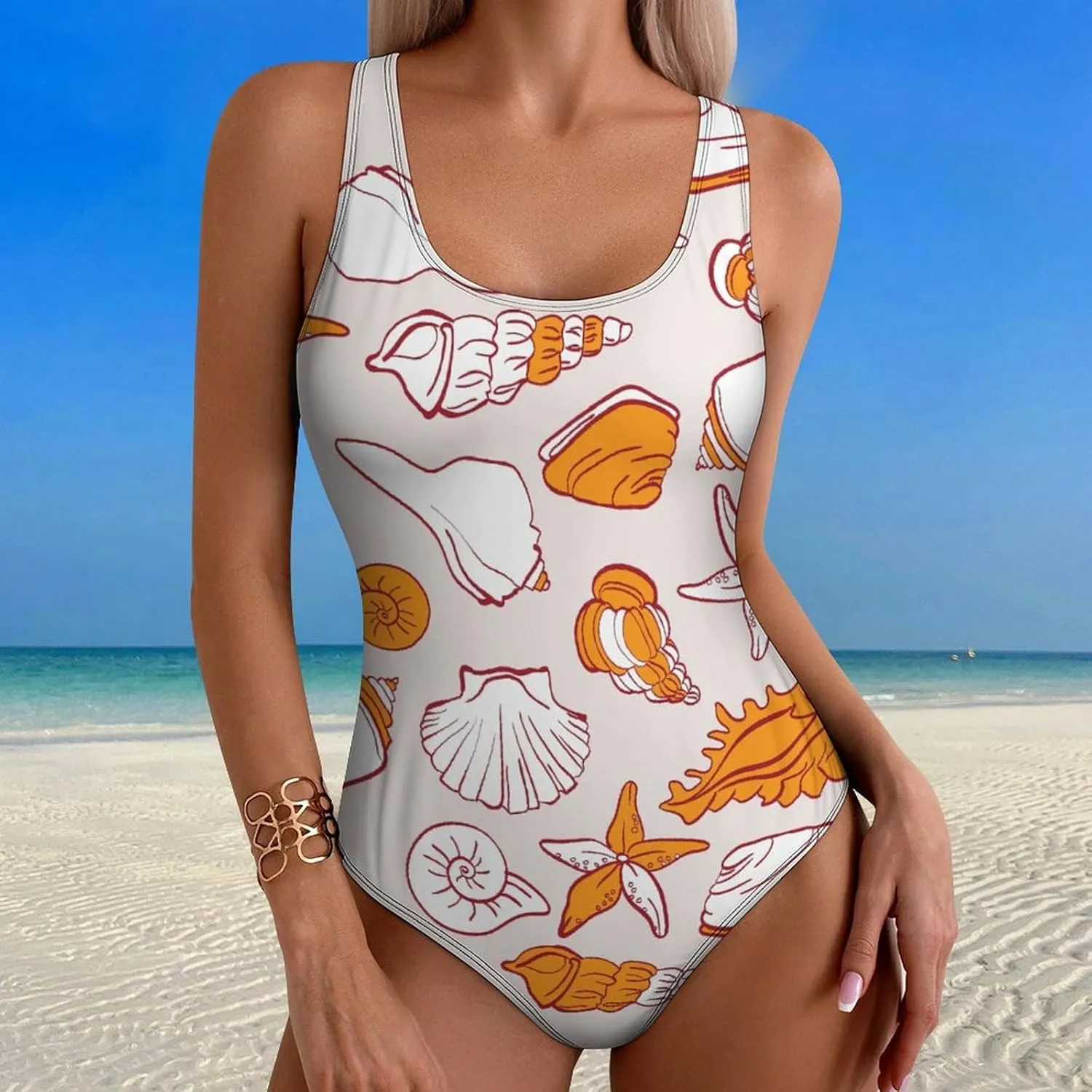 Sea Beach Conches Womens 1 Piece Bathing Suits Halter Scoop Neck Fashion Tummy Control Swimwears