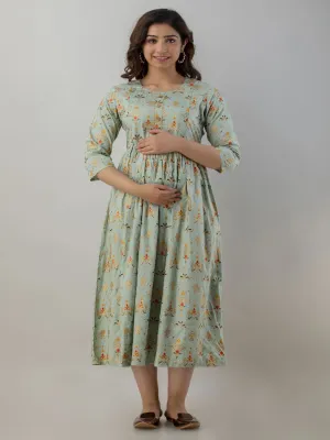 Sea Green Printed Rayon Maternity Kurta Only