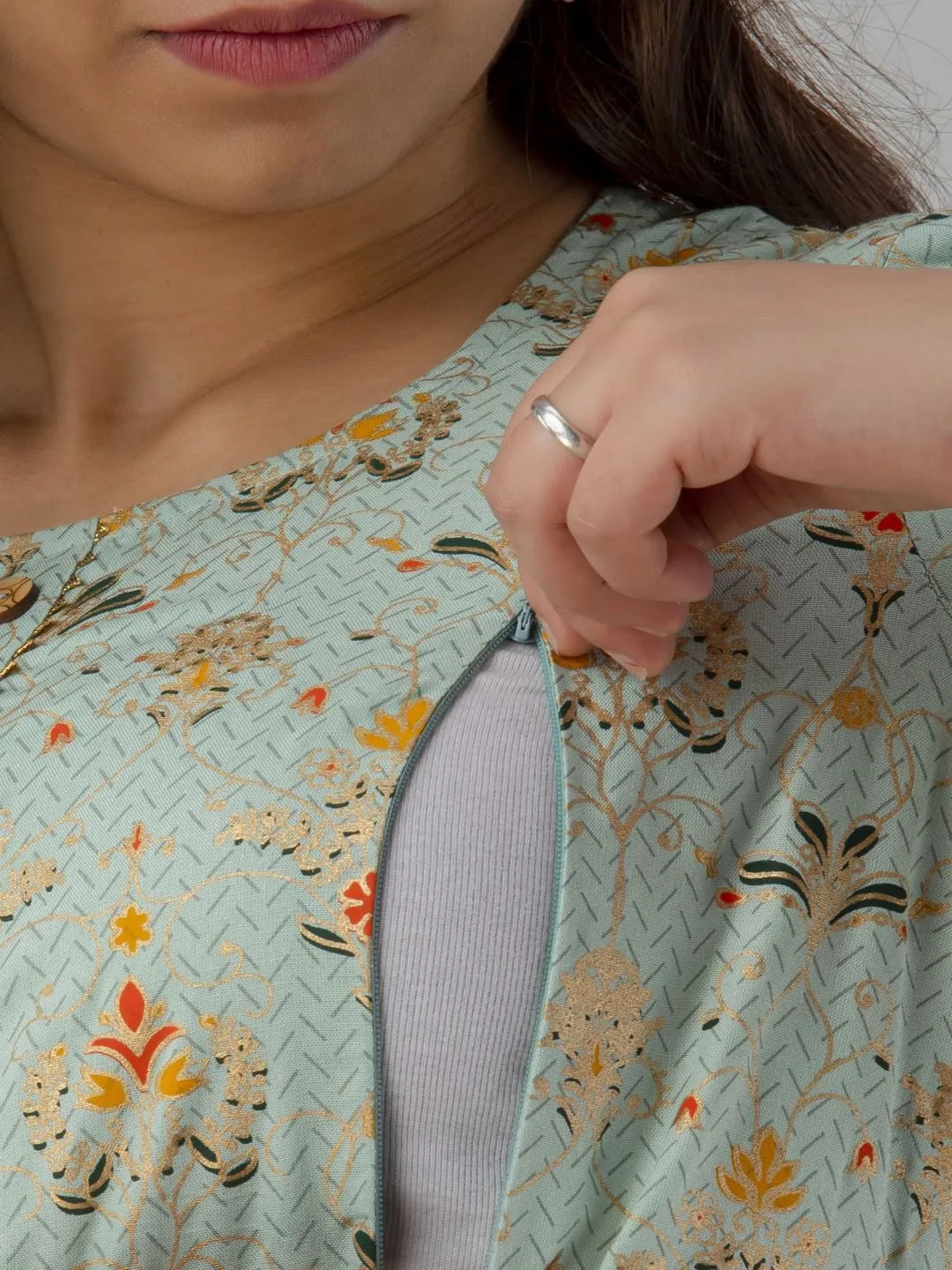 Sea Green Printed Rayon Maternity Kurta Only