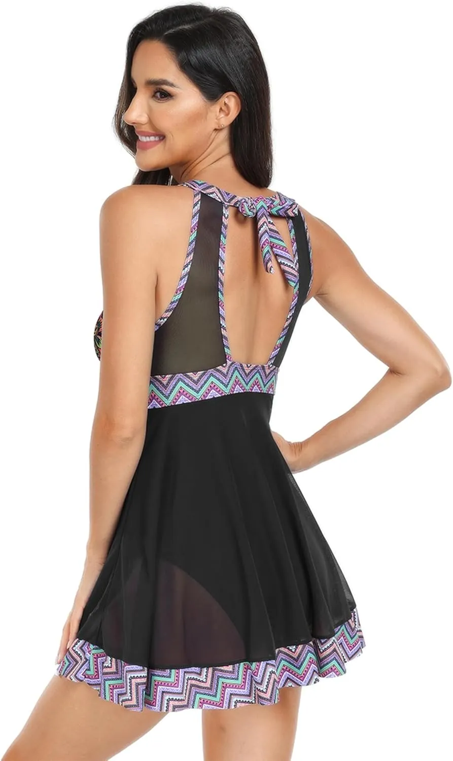 SEAUR Womens Halter One Piece Swimdress Tummy Control Mesh Cutout Bathing Suit Fashion Comfy Summer Skirted Swimwear