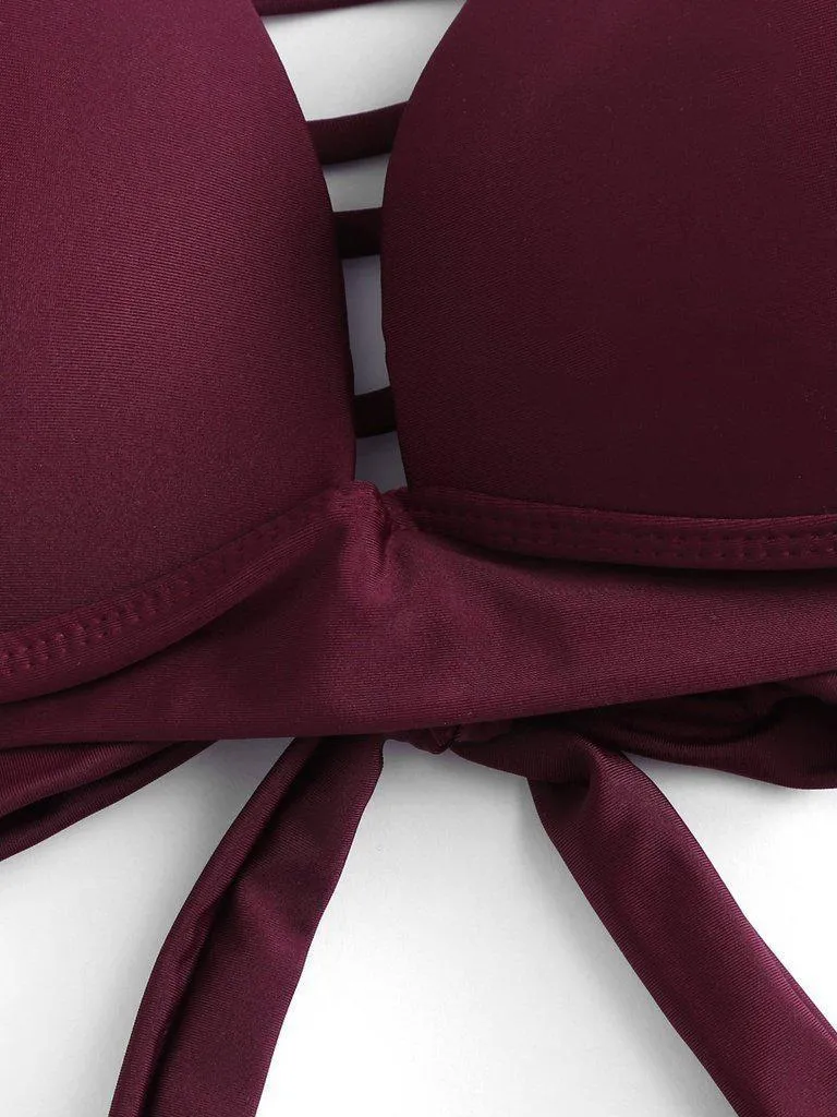 Self Tie Halterneck Strappy Bikini Set