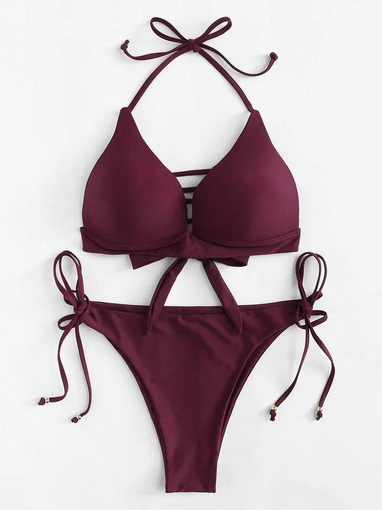 Self Tie Halterneck Strappy Bikini Set