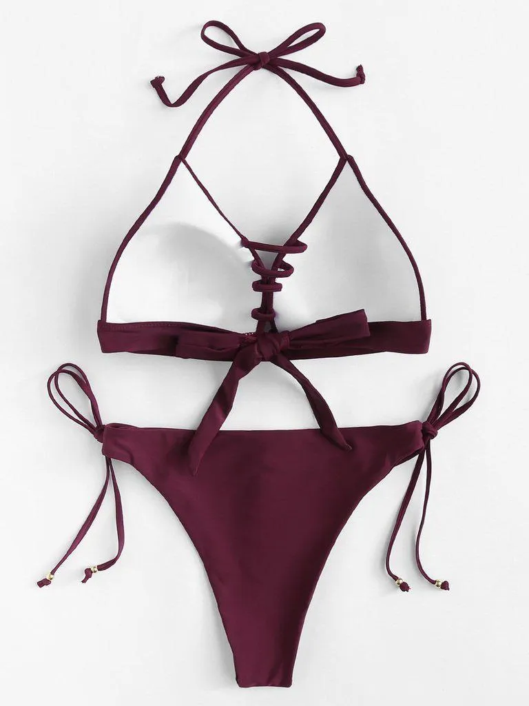 Self Tie Halterneck Strappy Bikini Set