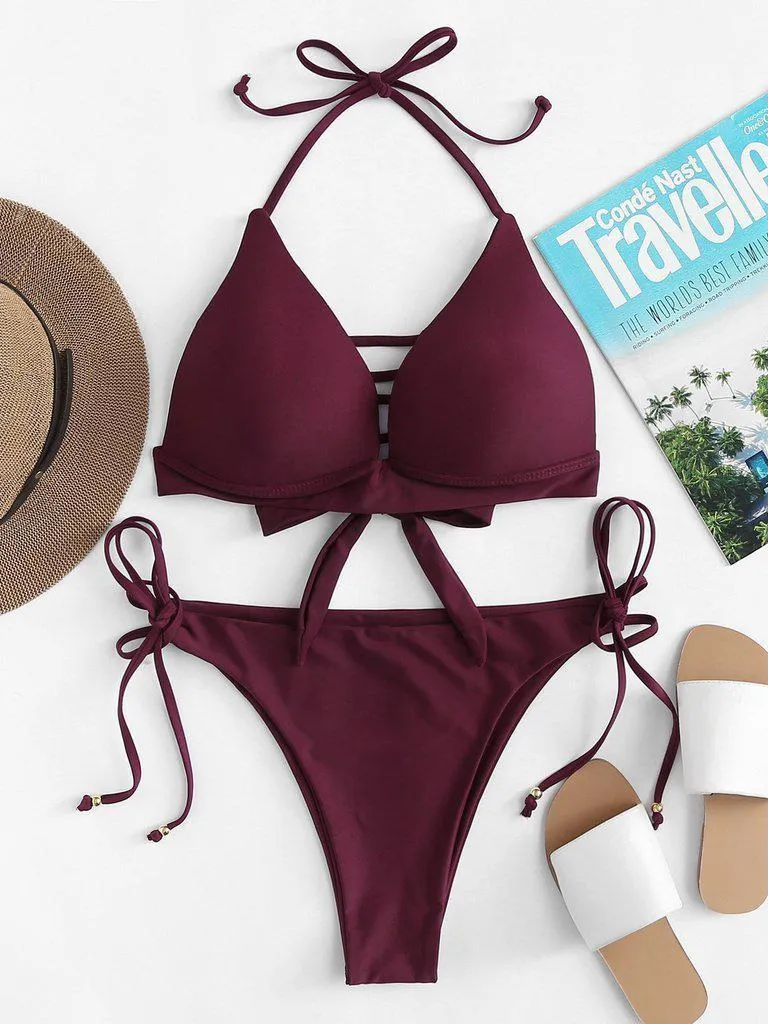 Self Tie Halterneck Strappy Bikini Set