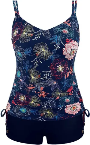 Septangle V Neck Two Piece Tankini Swimsuit Vintage Tummy Control Bathing Suit Ruched Swimwear
