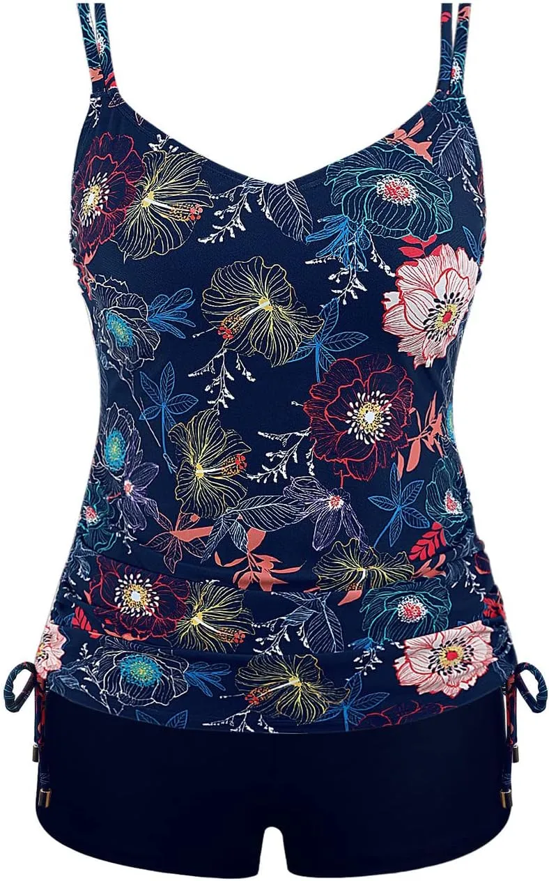 Septangle V Neck Two Piece Tankini Swimsuit Vintage Tummy Control Bathing Suit Ruched Swimwear
