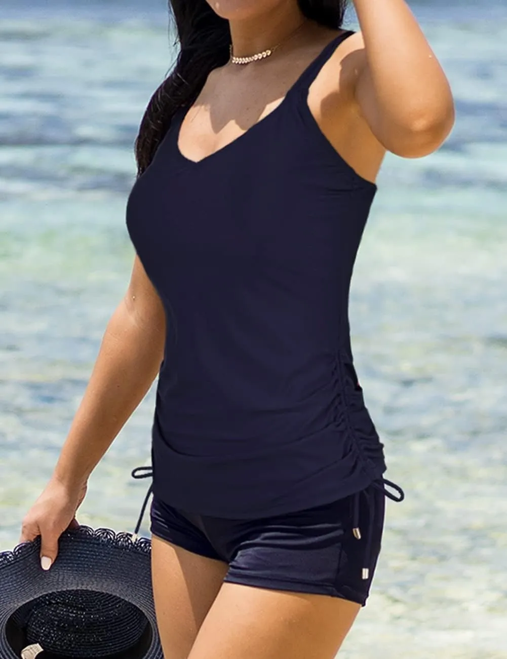 Septangle V Neck Two Piece Tankini Swimsuit Vintage Tummy Control Bathing Suit Ruched Swimwear