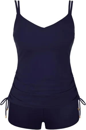 Septangle V Neck Two Piece Tankini Swimsuit Vintage Tummy Control Bathing Suit Ruched Swimwear