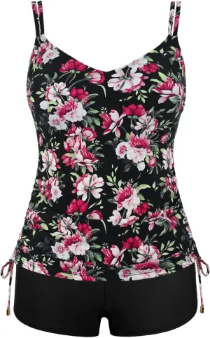 Septangle V Neck Two Piece Tankini Swimsuit Vintage Tummy Control Bathing Suit Ruched Swimwear