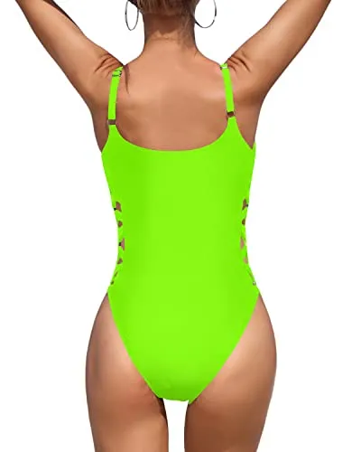 Sexy Crisscross Lace Up Women One Piece Slimming Bathing Suit-Neon Green
