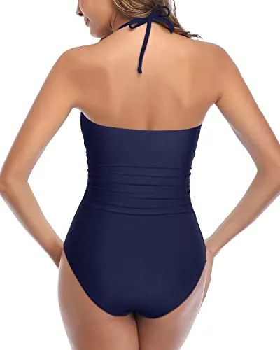 Sexy Cutout One Piece Retro High Waist Swimsuits-Navy Blue