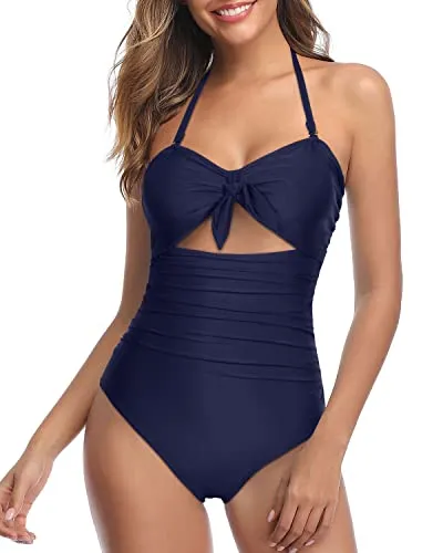 Sexy Cutout One Piece Retro High Waist Swimsuits-Navy Blue