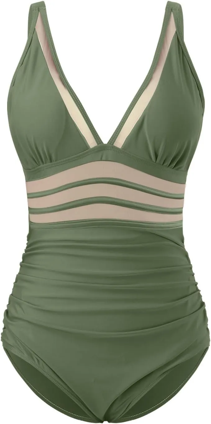 Sexy Deep V One Piece Swimsuit for Women Trendy Solid Slimming Tummy Control Swimwear Straps Tankini Suits Swimming