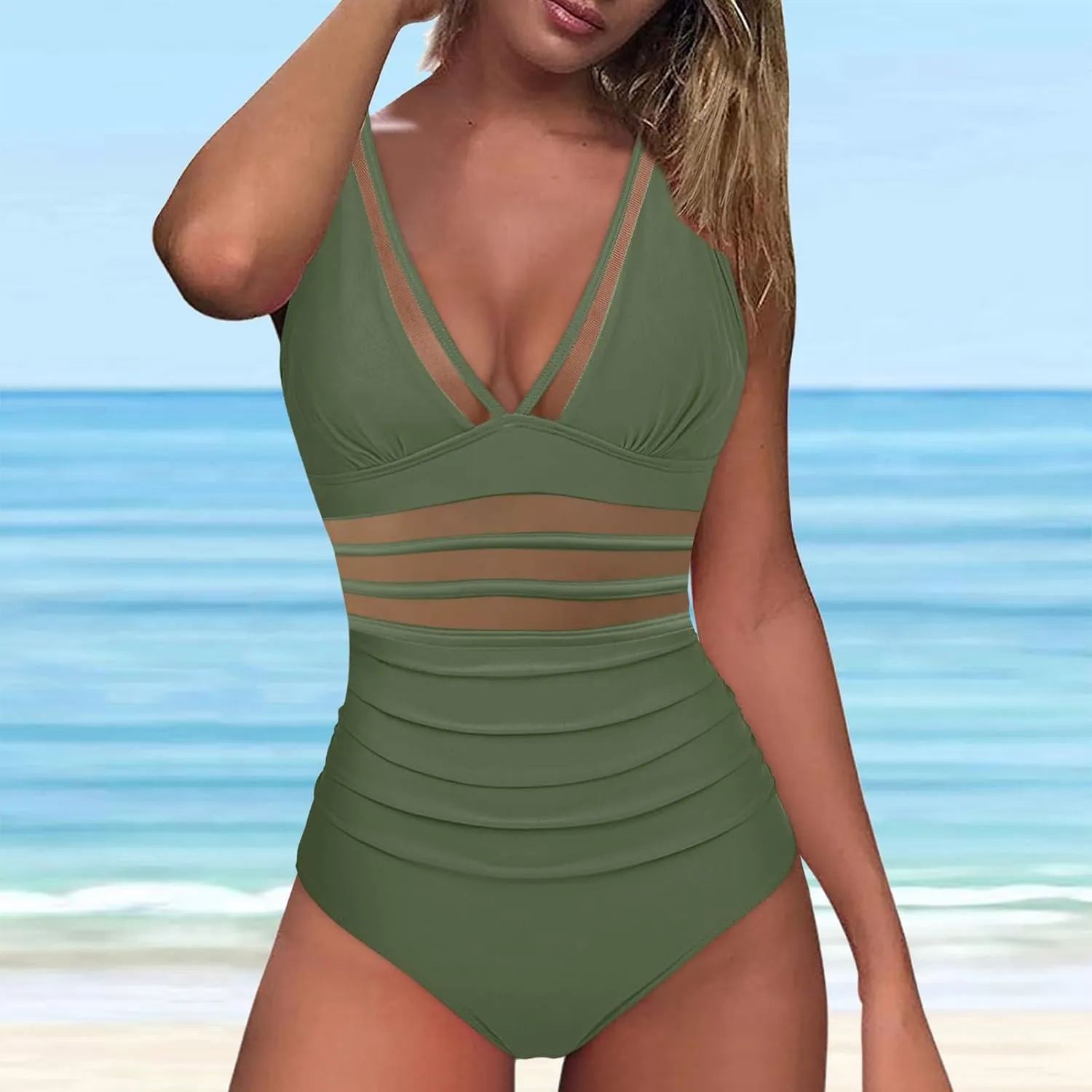 Sexy Deep V One Piece Swimsuit for Women Trendy Solid Slimming Tummy Control Swimwear Straps Tankini Suits Swimming