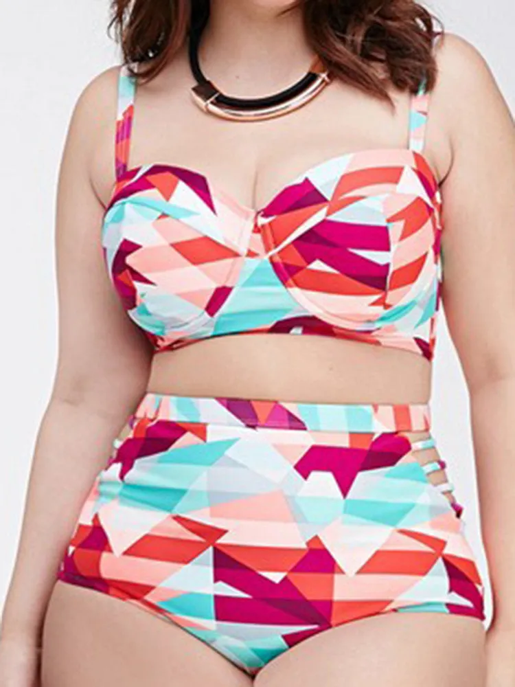 Sexy Halter Printing High Waist Solid Color Tankinis Swimsuit