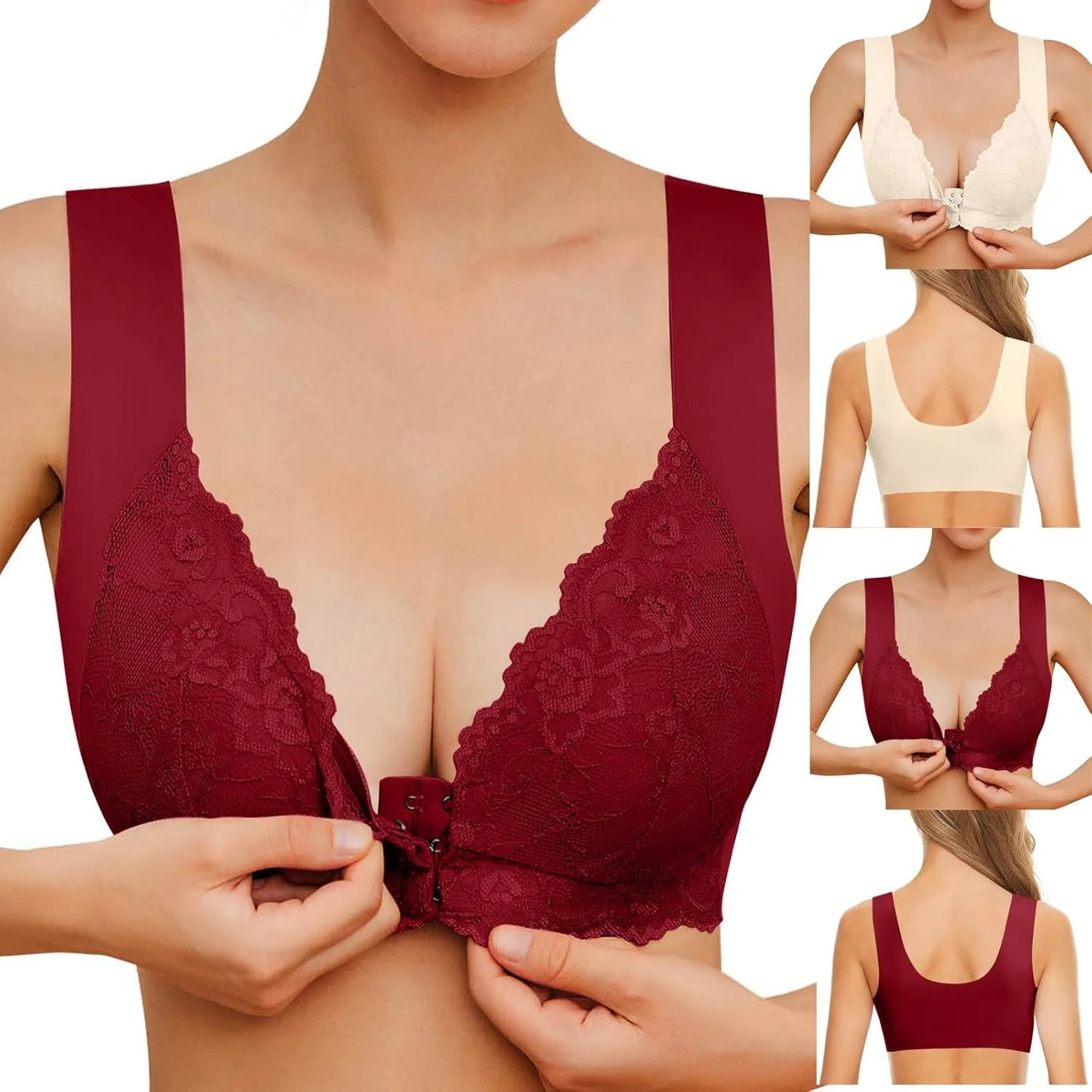 Sexy Lace Bras for Women Push Up Wireless Seamless Bra Convenient Front Closure Bralettes Stretchy Comfort Underwear