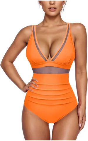 Sexy Mesh Swimwear for Women Trendy One Piece V Neck Tummy Control Swim Suit Summer 2025 High Waisted Bathing Suits