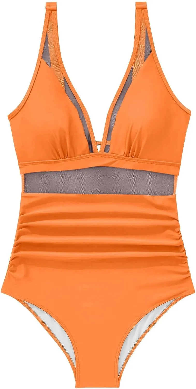 Sexy Mesh Swimwear for Women Trendy One Piece V Neck Tummy Control Swim Suit Summer 2025 High Waisted Bathing Suits