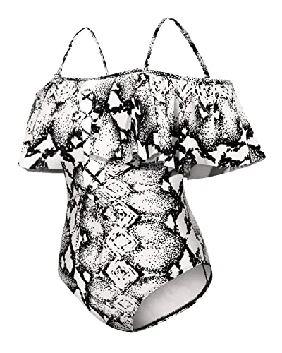Sexy Off-Shoulder One Piece Lace Up Ruffled Bathing Suit-Black And White Snake Print