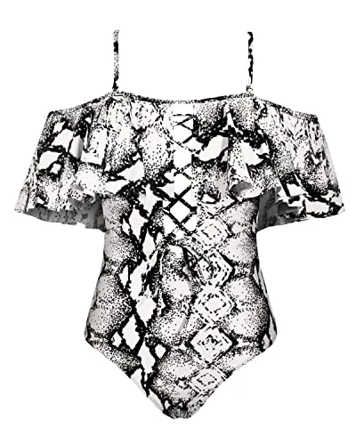 Sexy Off-Shoulder One Piece Lace Up Ruffled Bathing Suit-Black And White Snake Print