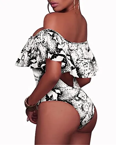 Sexy Off-Shoulder One Piece Lace Up Ruffled Bathing Suit-Black And White Snake Print