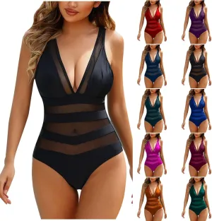 Sexy One Piece Swimsuit for Women Tummy Control V Neck Mesh Swimwear Flattering Slimming Bathing Suit for Large Busts