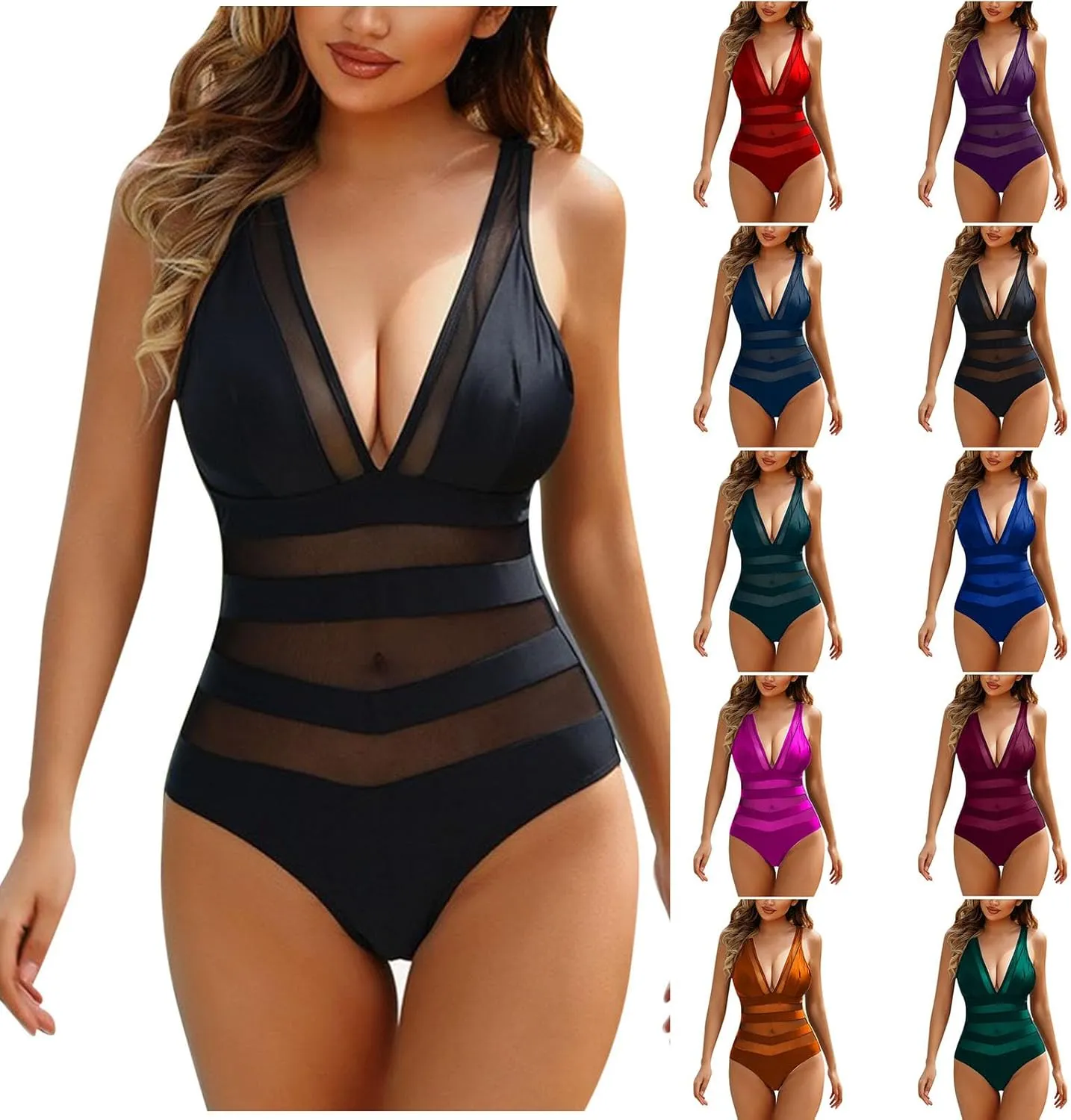 Sexy One Piece Swimsuit for Women Tummy Control V Neck Mesh Swimwear Flattering Slimming Bathing Suit for Large Busts