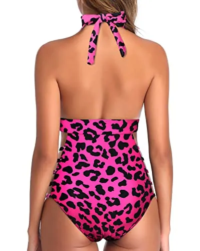 Sexy Open Back Monokini Swimsuits Backless One Piece Swimsuits-Pink Leopard