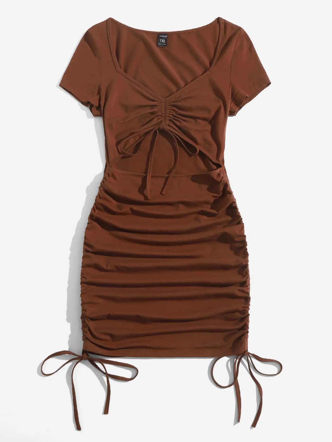 Sexy Plain Ruched Bust Short Sleeve Sweetheart Pencil Natural Short Plus Size Dress