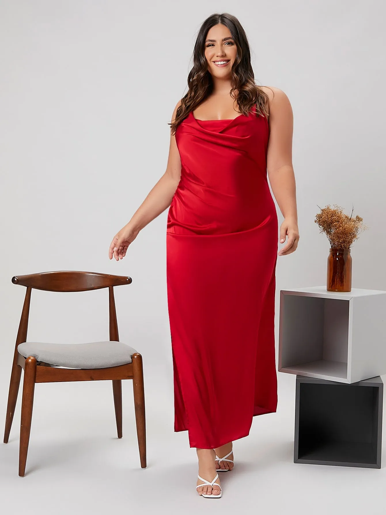 Sexy Plain Split Thigh Sleeveless Spaghetti Strap Slit High Waist Long Plus Size Dress