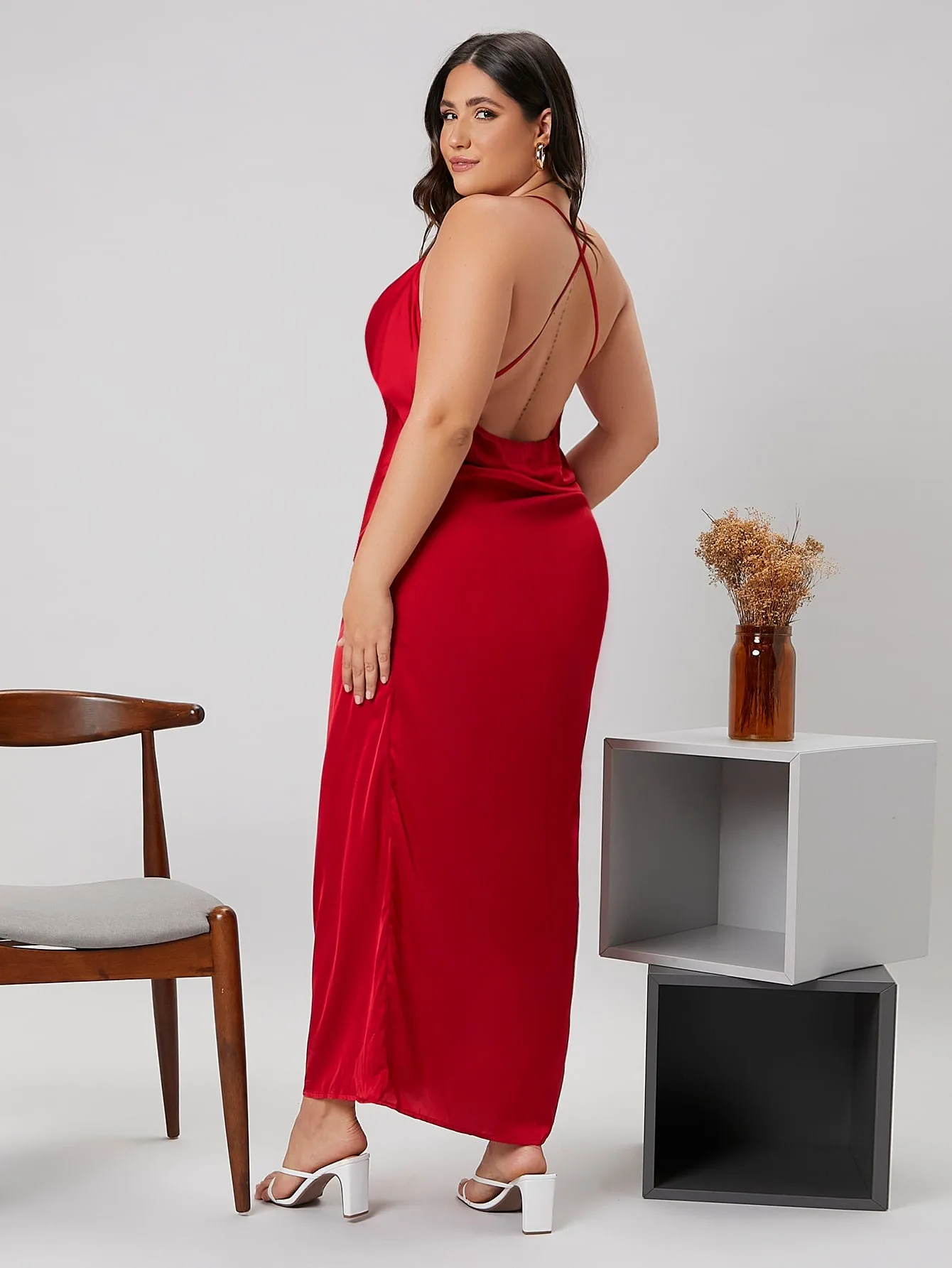 Sexy Plain Split Thigh Sleeveless Spaghetti Strap Slit High Waist Long Plus Size Dress