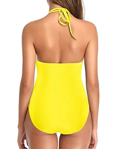 Sexy Plunge V Neck Women One Piece Swimsuit Halter Bathing Suit-Neon Yellow