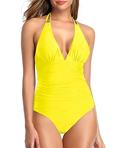 Sexy Plunge V Neck Women One Piece Swimsuit Halter Bathing Suit-Neon Yellow