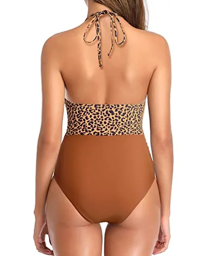 Sexy Plunge V Neck Women Vintage Swimsuit Halter Bathing Suit-Brown Leopard Print