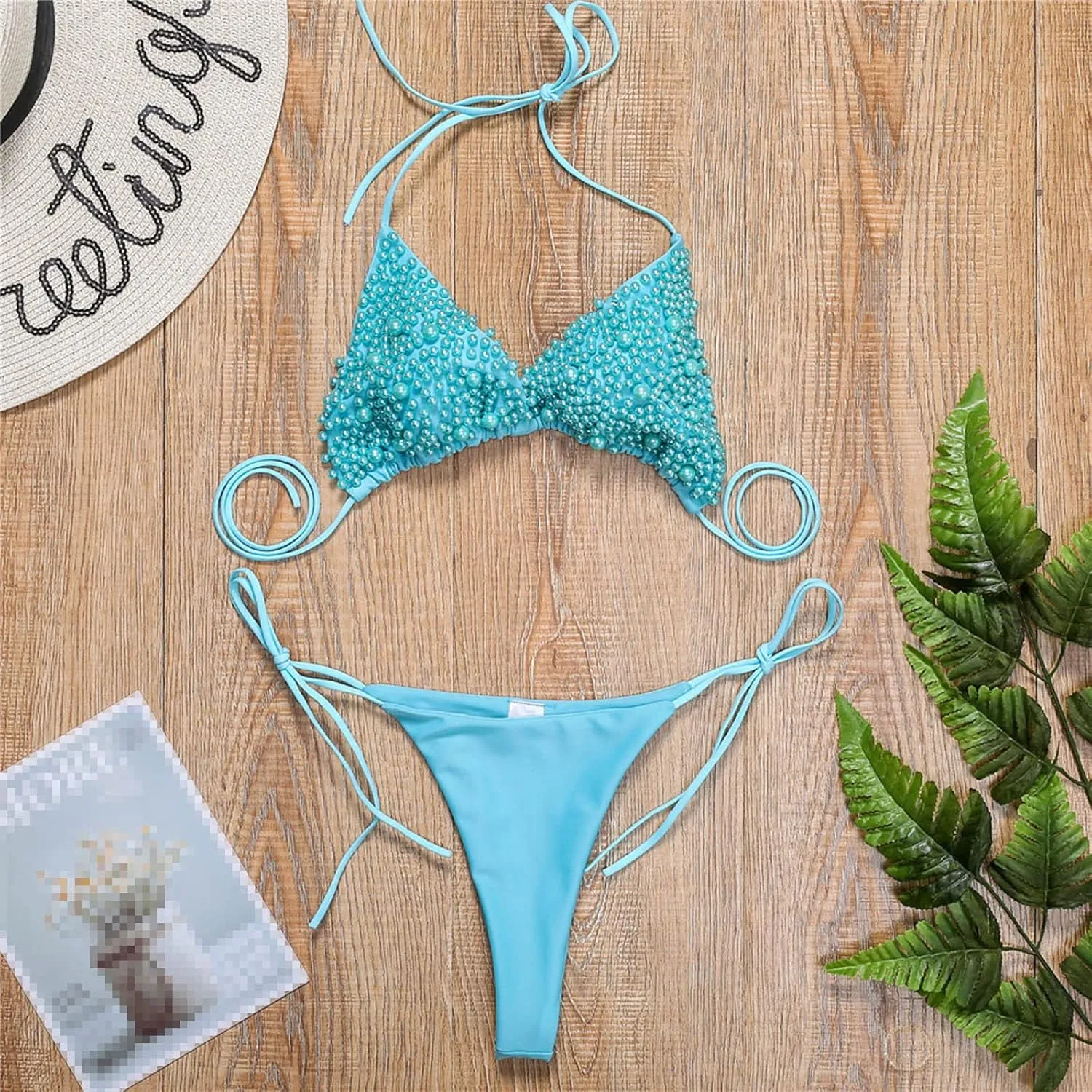 Sexy Sequins 2PCS Bikini Set Tankini Spaghetti Strapy Bra Swimsuit Lace Top Side Tie String Praty Thong Swimwear