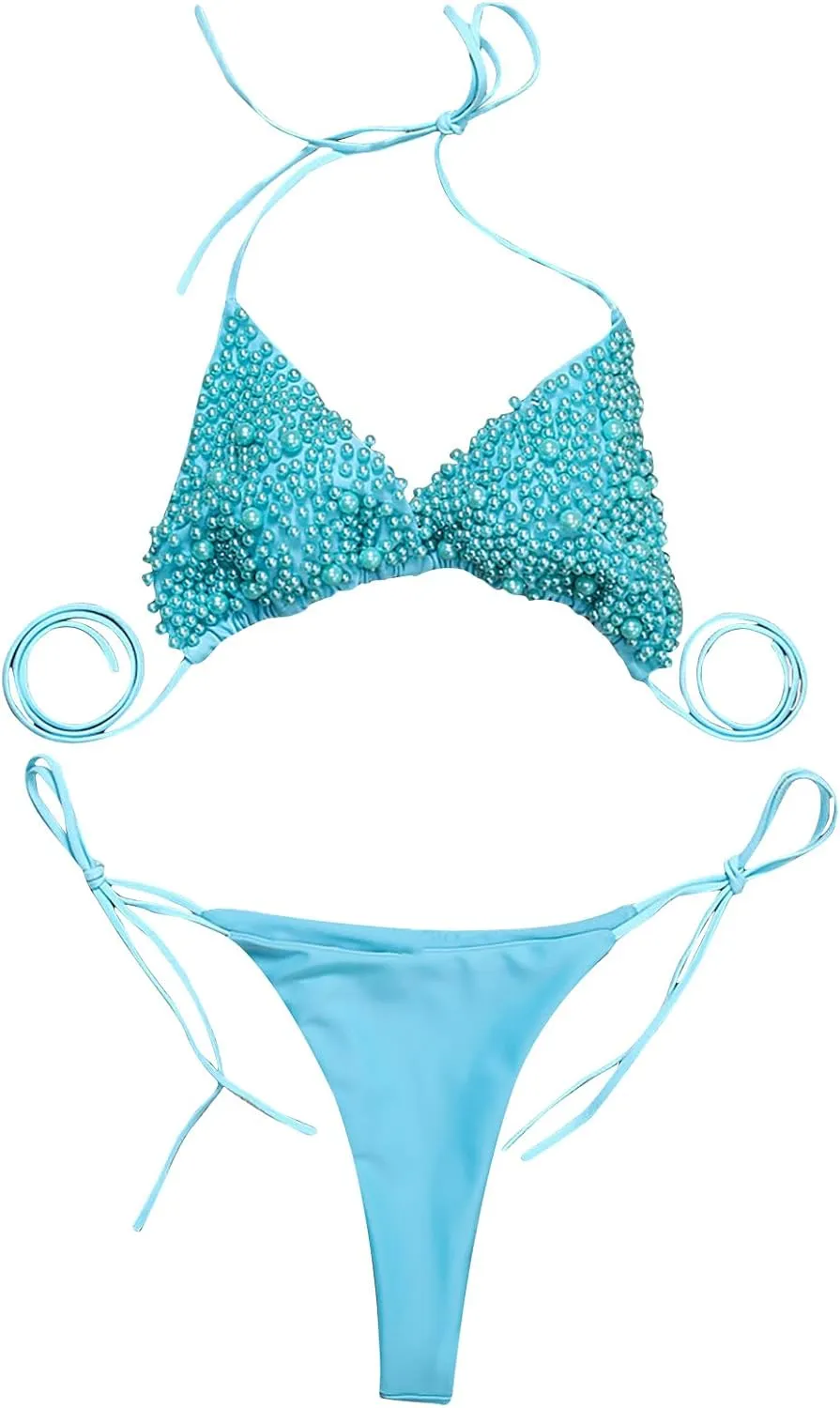 Sexy Sequins 2PCS Bikini Set Tankini Spaghetti Strapy Bra Swimsuit Lace Top Side Tie String Praty Thong Swimwear