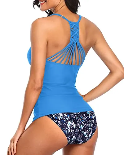 Sexy Tummy Control Two Piece Tankini Set Swimsuits-Blue Flower On Black