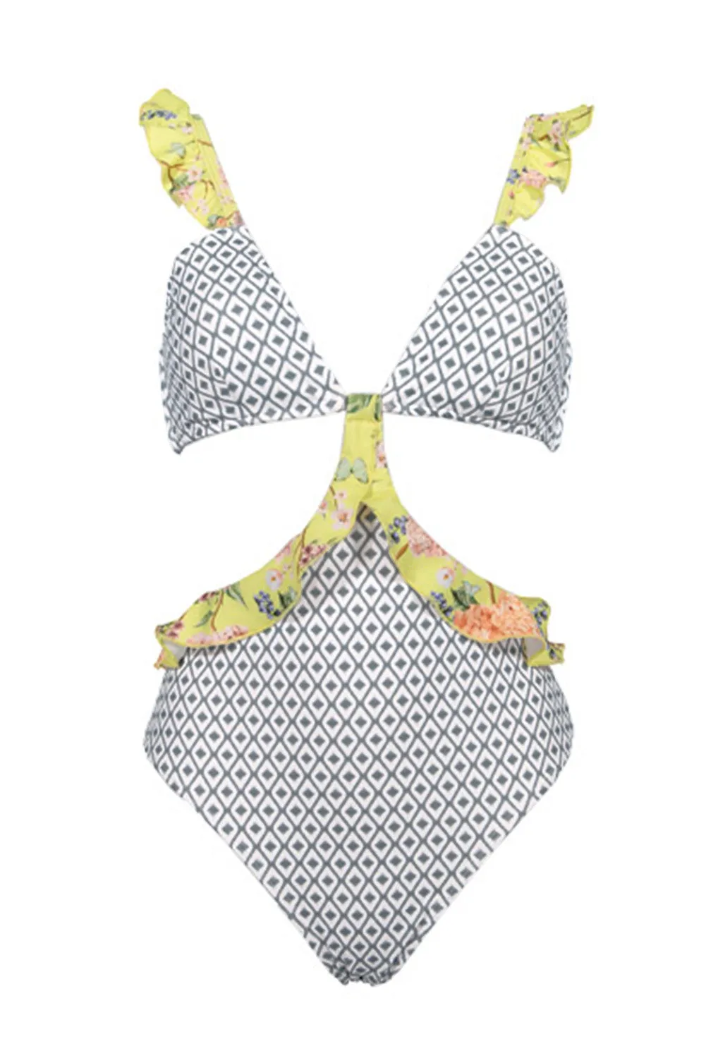 Sexy V Neck Open Back Frill Hem Floral Print Monokini