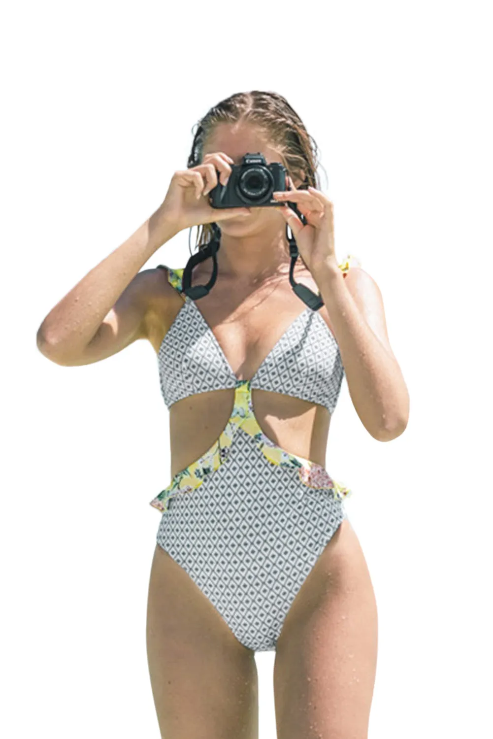 Sexy V Neck Open Back Frill Hem Floral Print Monokini