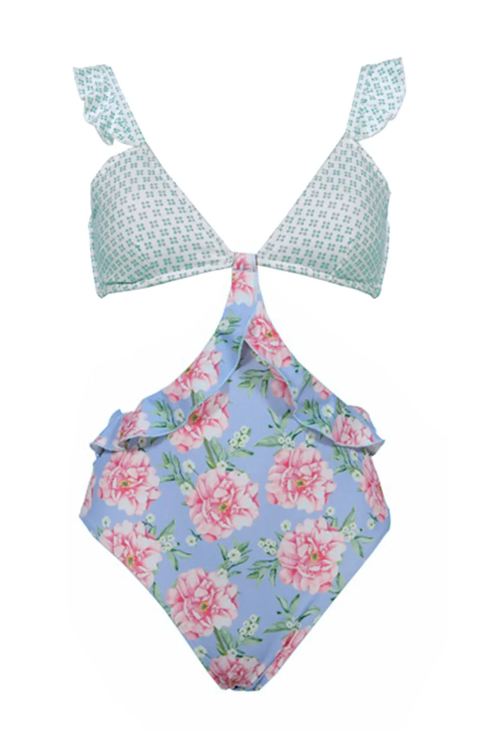 Sexy V Neck Open Back Frill Hem Floral Print Monokini