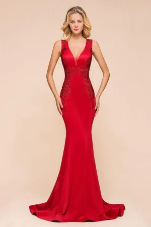 Sexy V-neck Sleeveless Mermaid Evening Maxi Gown Floral Appliques Party Dress with Sweep Train