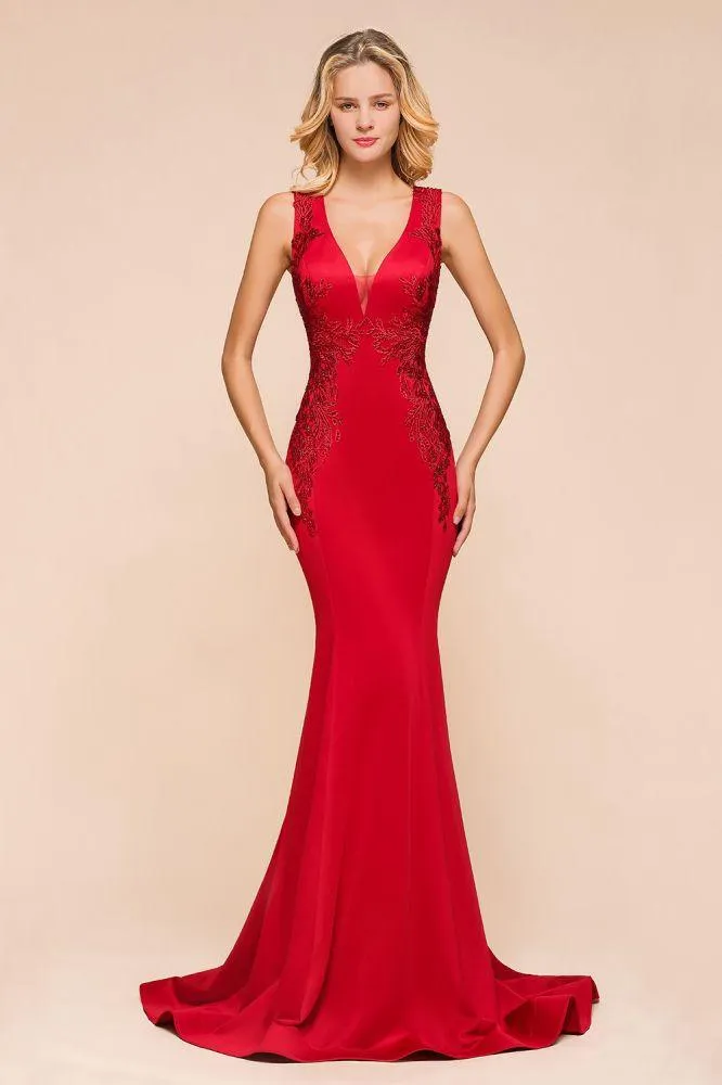 Sexy V-neck Sleeveless Mermaid Evening Maxi Gown Floral Appliques Party Dress with Sweep Train