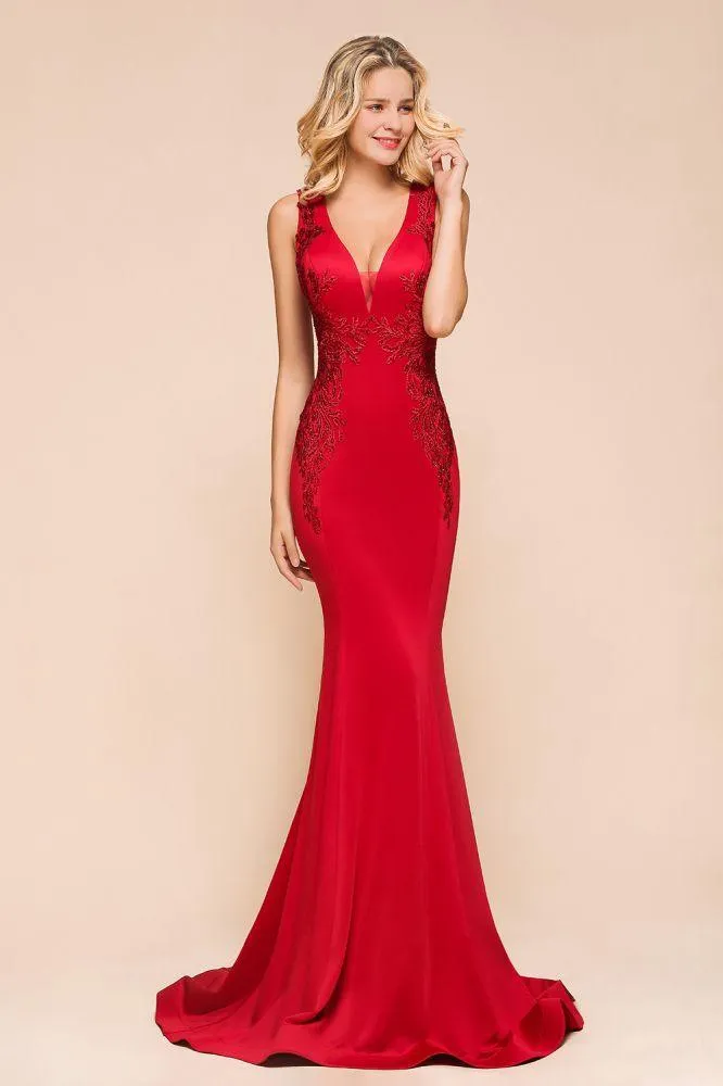 Sexy V-neck Sleeveless Mermaid Evening Maxi Gown Floral Appliques Party Dress with Sweep Train