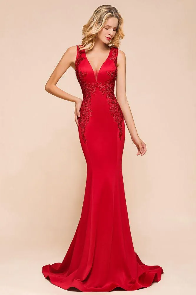 Sexy V-neck Sleeveless Mermaid Evening Maxi Gown Floral Appliques Party Dress with Sweep Train