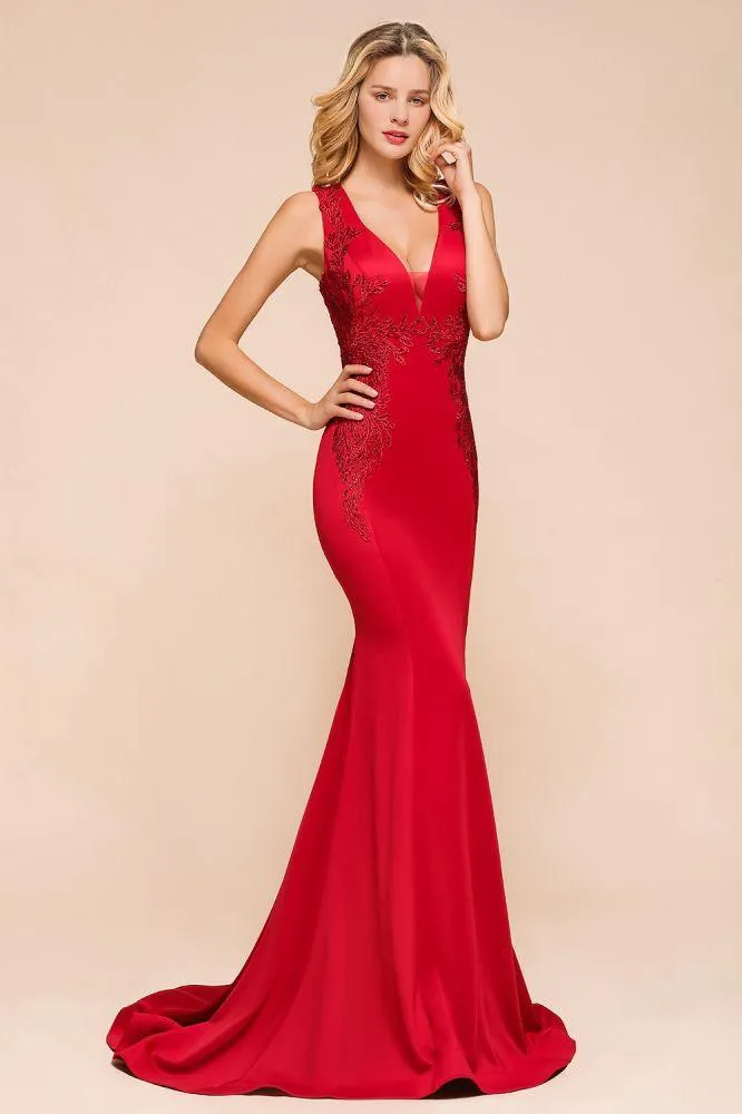 Sexy V-neck Sleeveless Mermaid Evening Maxi Gown Floral Appliques Party Dress with Sweep Train